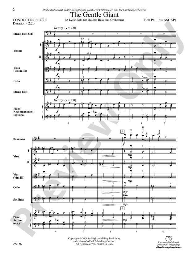 The Gentle Giant (A Lyric Solo for Double Bass and Orchestra) – String Orchestra Conductor Score & Parts (Digital Download)