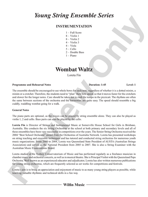 Wombat Waltz - Loreta Fin – String Orchestra Conductor Score & Parts (Digital Download)