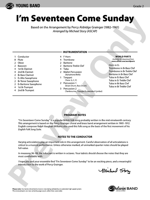 I'm Seventeen Come Sunday (Grade 2) - Concert Band Conductor Score & Parts (Digital Download)