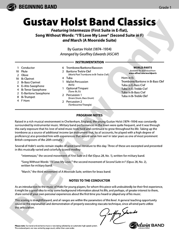 Gustav Holst Band Classics - Concert Band Conductor Score & Parts (Digital Download)