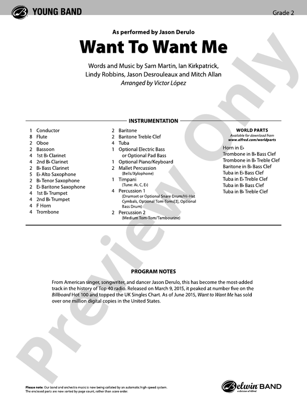 Want to Want Me - Concert Band Conductor Score & Parts (Digital Download)