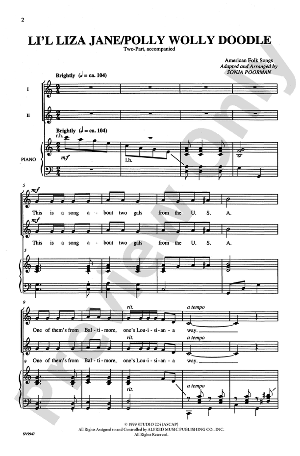 Li'l Liza Jane / Polly Wolly Doodle – 2-Part Choral Octavo (Digital Download)