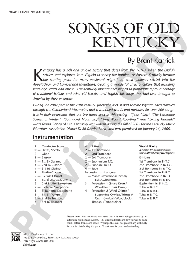 Songs of Old Kentucky - Concert Band Conductor Score & Parts (Digital Download)
