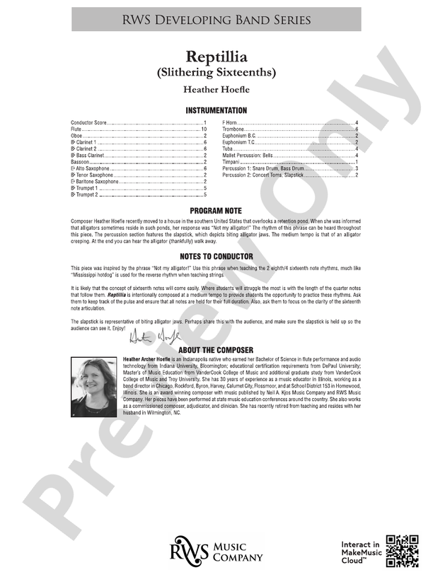 Reptillia - Slithering Sixteenths - Concert Band Conductor Score & Parts (Digital Download)