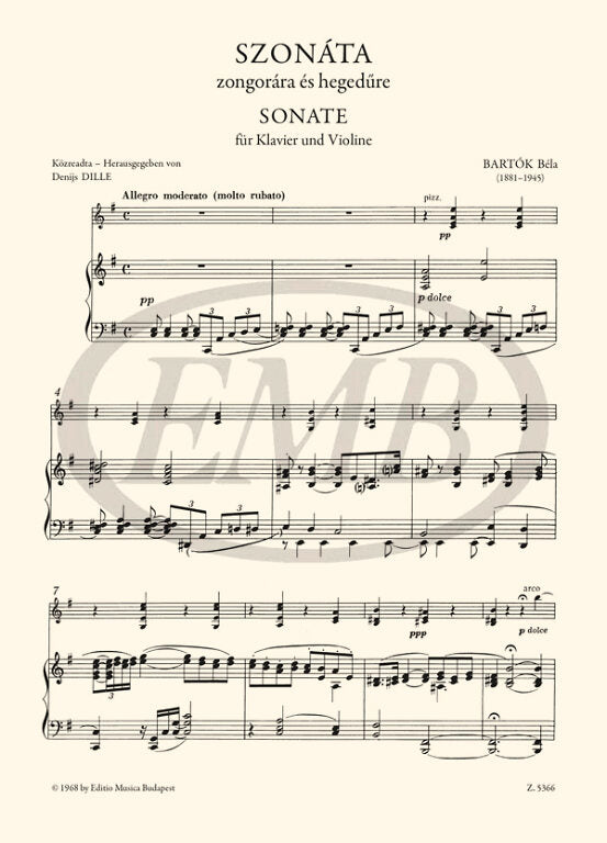 Bartok - Sonata - Violin/Piano Accompaniment edited by Dille EMB Z5366