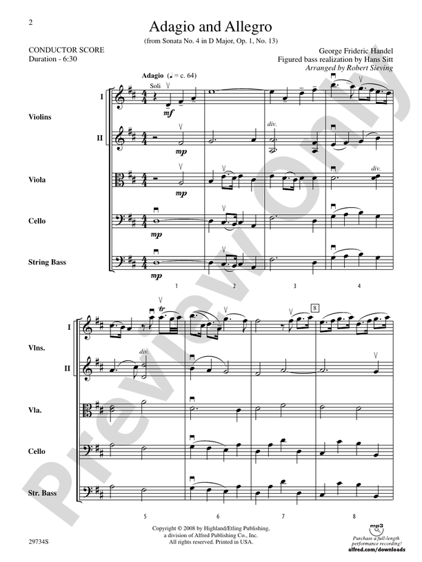 Adagio and Allegro (from Sonata No. 4 in D major, Op. 1, No. 13) – String Orchestra Conductor Score & Parts (Digital Download)