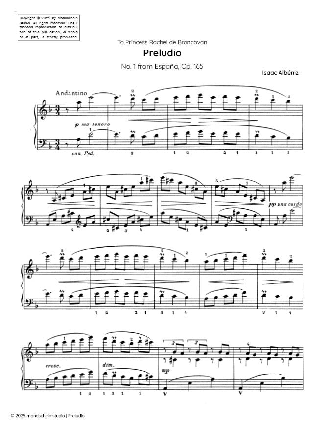Albeniz - Preludio, Op. 165 No. 1 - Mondschein Studio - Piano (Digital Download)