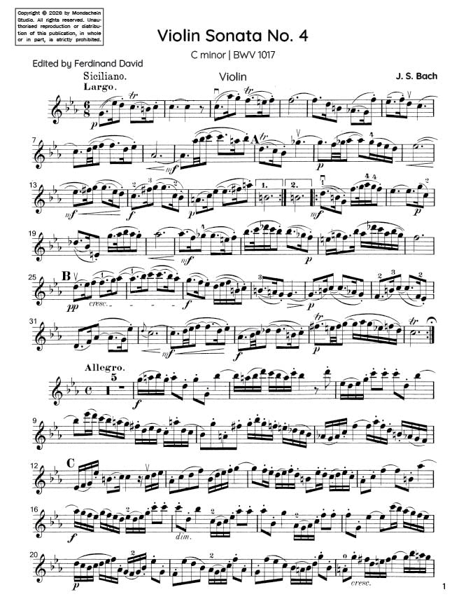 Bach - Violin Sonata No. 4 in C minor for Violin and Harpsichord, BWV 1017 - Violin Part (Digital Download)