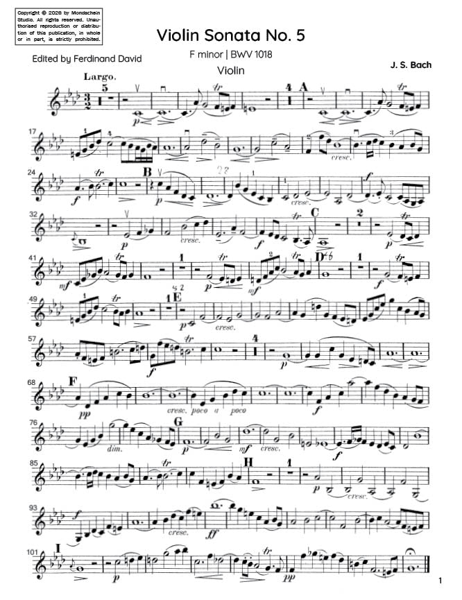 Bach - Violin Sonata No. 5 in F minor for Violin and Harpsichord, BWV 1018 - Violin/Piano Accompaniment (Digital Download)