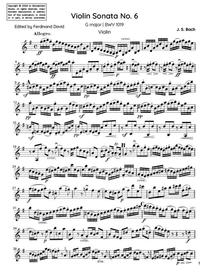 Bach - Violin Sonata No. 6 in G major for Violin and Harpsichord, BWV 1019 - Violin Part (Digital Download)