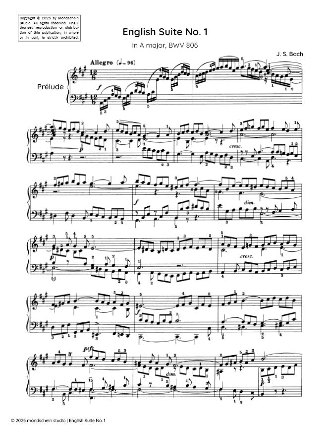 Bach - English Suite No. 1 in A major, BWV 806 - Mondschein Studio - Piano/Keyboard (Digital Download)