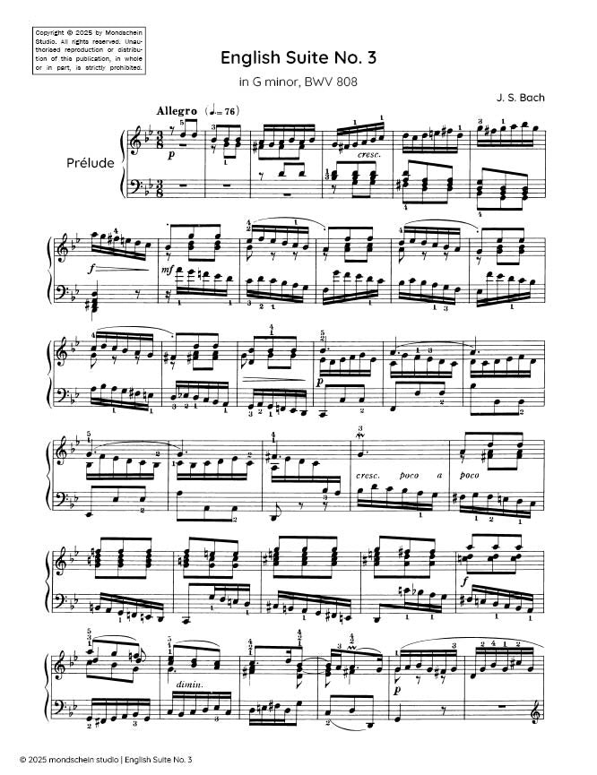 Bach - English Suite No. 3 in G minor, BWV 808 - Mondschein Studio - Piano (Digital Download)