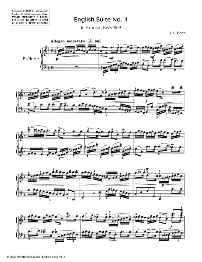 Bach - English Suite No. 4 in F major, BWV 809 - Mondschein Studio - Piano/Keyboard (Digital Download)