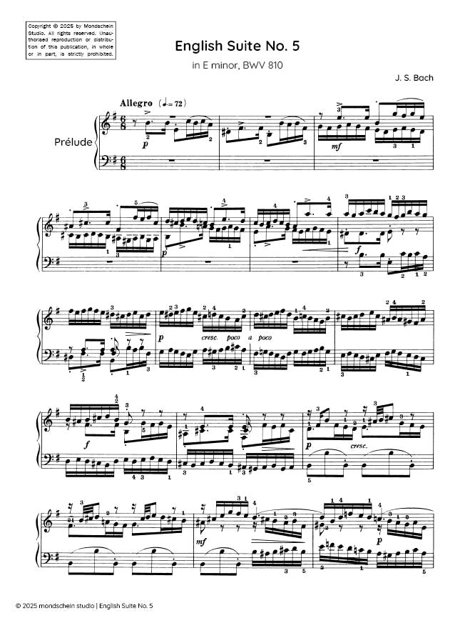 Bach - English Suite No. 5 in E minor, BWV 810 - Mondschein Studio - Piano/Keyboard (Digital Download)