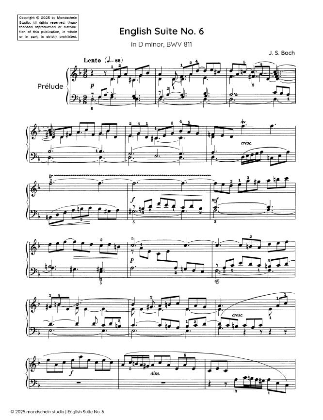 Bach - English Suite No. 6 in D minor, BWV 811 - Mondschein Studio - Piano/Keyboard (Digital Download)