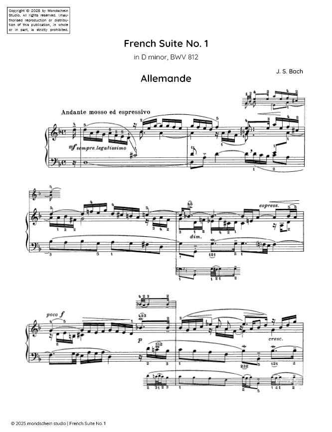Bach - French Suite No. 1 in D minor, BWV 812 - Mondschein Studio - Piano (Digital Download)
