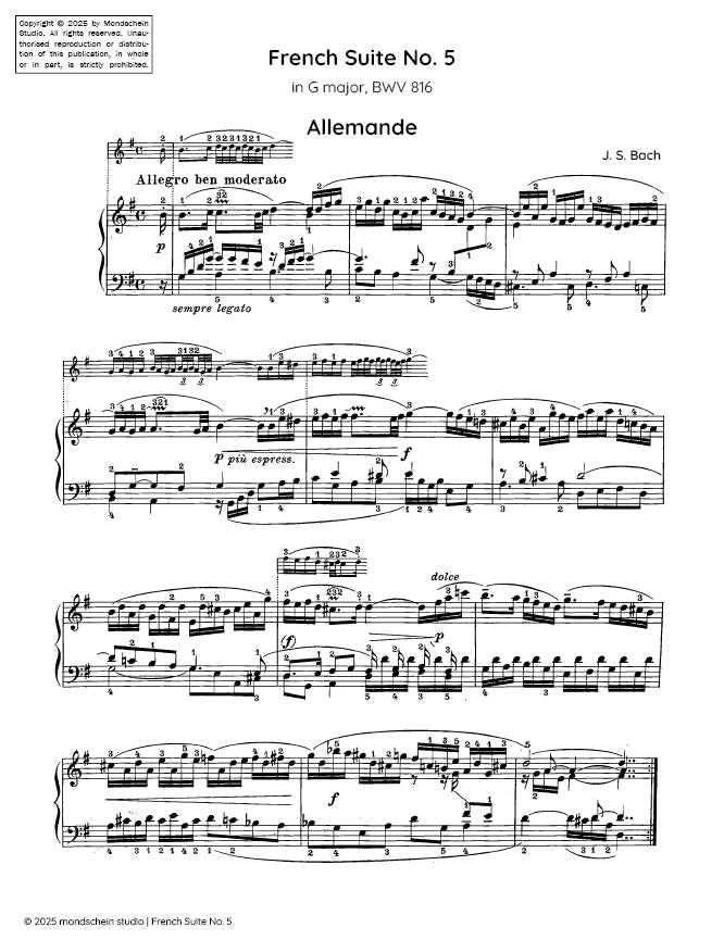 Bach - French Suite No. 5 in G major, BWV 816 - Mondschein Studio - Piano (Digital Download)