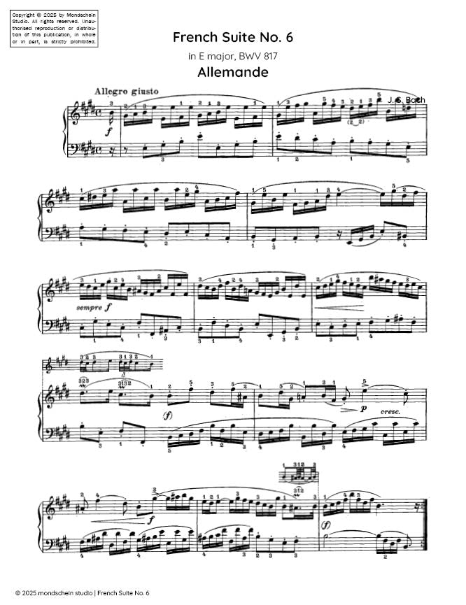Bach - French Suite No. 6 in E major, BWV 817 - Mondschein Studio - Piano (Digital Download)