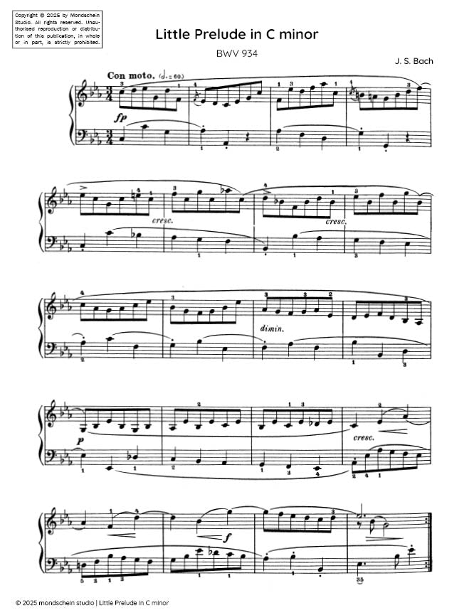 Bach - Little Prelude in C minor, BWV 934 - Mondschein Studio - Piano (Digital Download)
