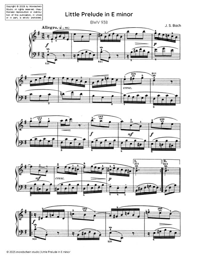 Bach - Little Prelude in E minor, BWV 938 - Mondschein Studio - Piano (Digital Download)