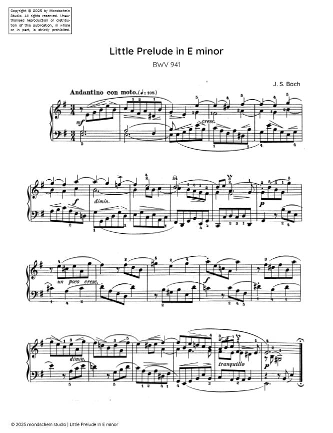 Bach - Little Prelude in E minor, BWV 941 - Mondschein Studio - Piano (Digital Download)