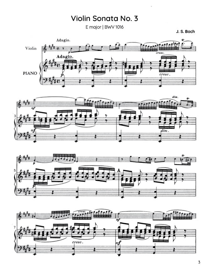 Bach - Violin Sonata No. 3 in E major for Violin and Harpsichord, BWV 1016 - Violin/Piano Accompaniment (Digital Download)