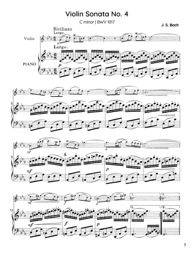 Bach - Violin Sonata No. 4 in C minor for Violin and Harpsichord, BWV 1017 - Violin/Piano Accompaniment (Digital Download)