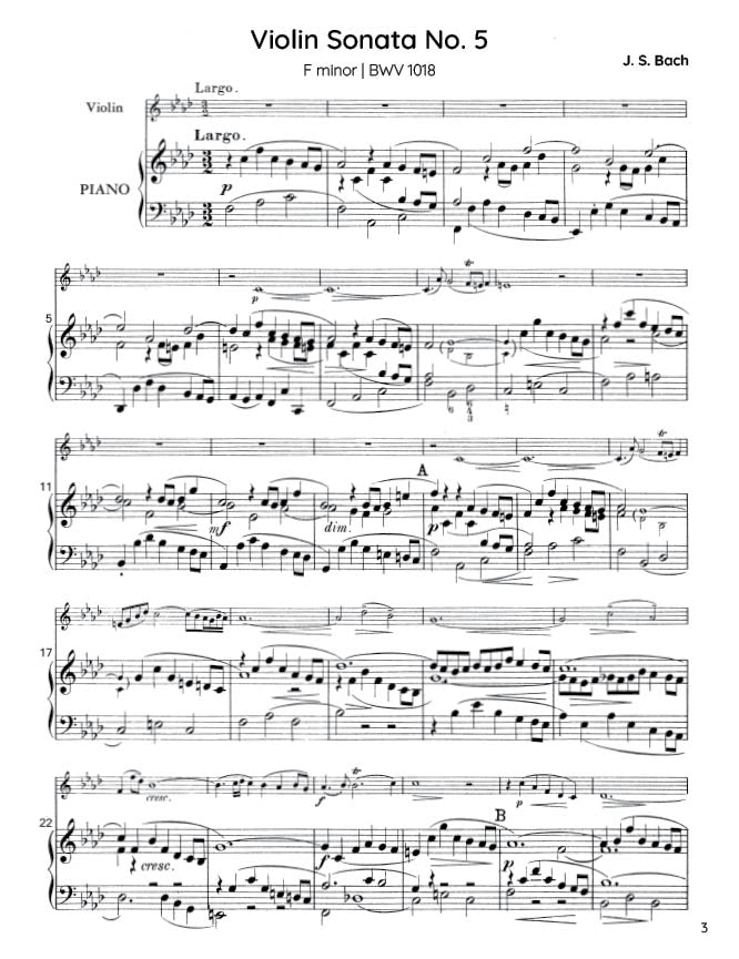 Bach - Violin Sonata No. 5 in F minor for Violin and Harpsichord, BWV 1018 - Violin/Piano Accompaniment (Digital Download)