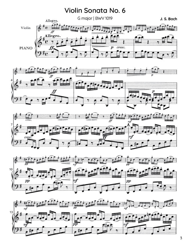 Bach - Violin Sonata No. 6 in G major for Violin and Harpsichord, BWV 1019 - Violin/Piano Accompaniment (Digital Download)