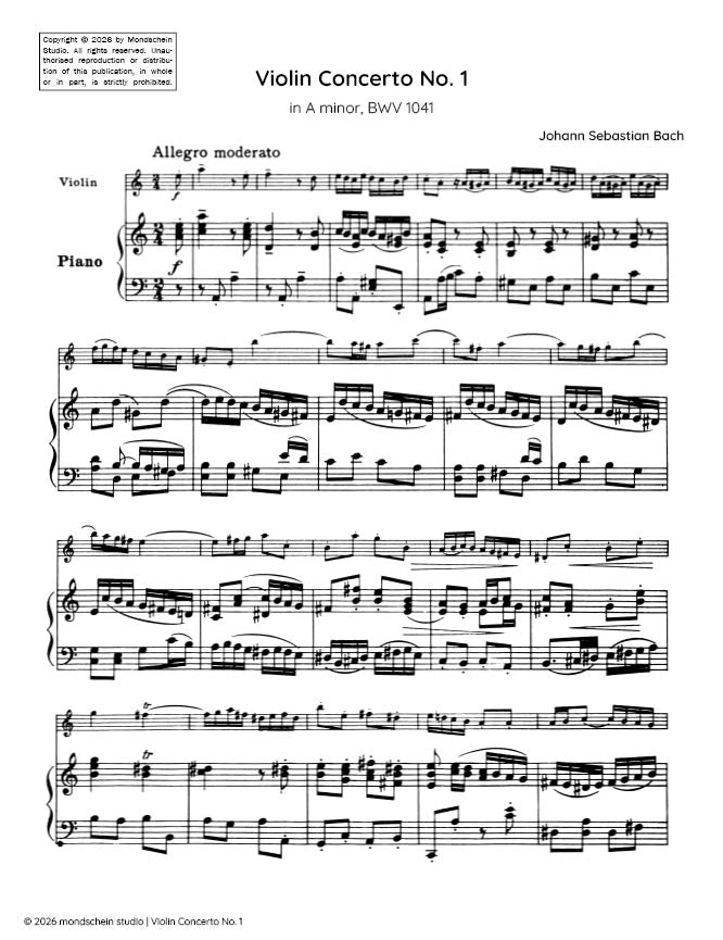 Bach - Violin Concerto No. 1 in A minor, BWV 1041 - Violin/Piano Accompaniment (Digital Download)