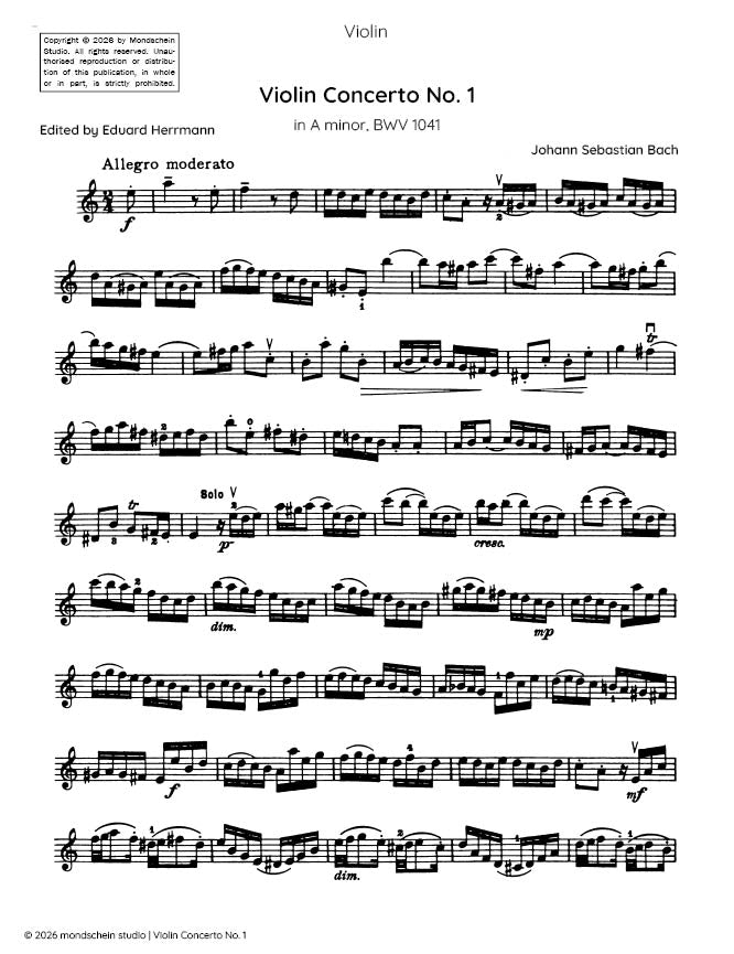 Bach - Violin Concerto No. 1 in A minor, BWV 1041 - Violin Part (Digital Download)