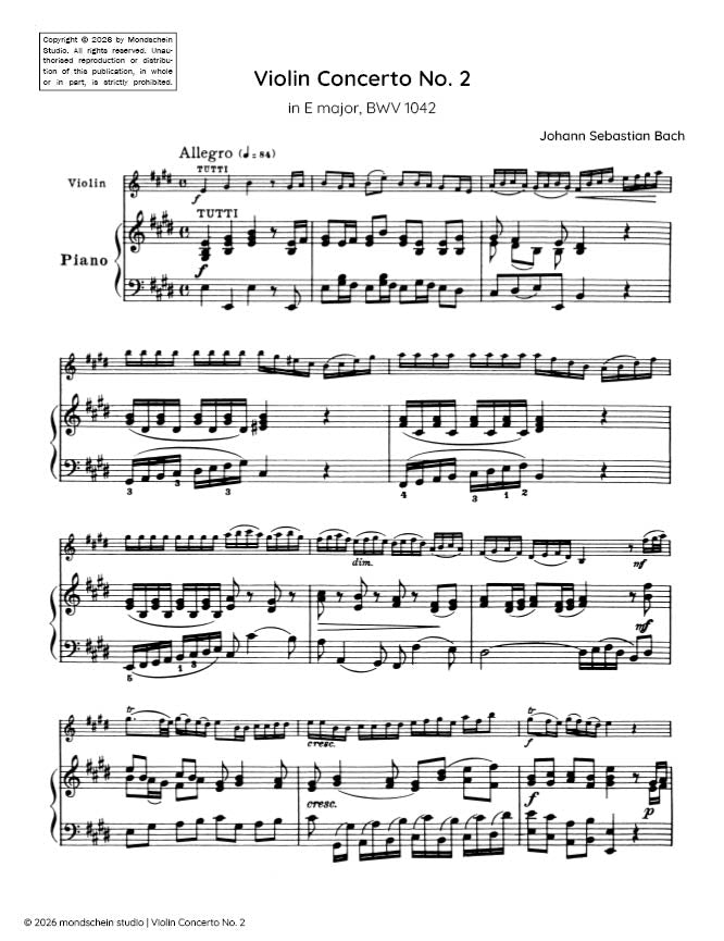 Bach - Violin Concerto No. 2 in E major, BWV 1042 - Violin/Piano Accompaniment (Digital Download)