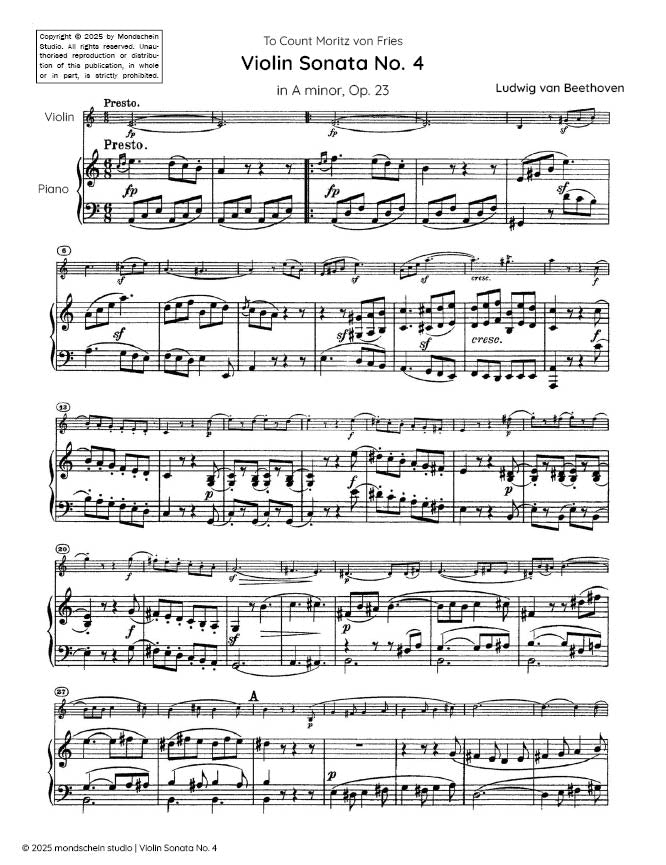 Beethoven - Violin Sonata No. 4 in A minor, Op. 23 - Mondschein Studio - Violin/Piano Accompaniment (Digital Download)
