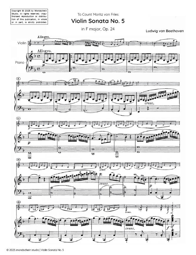 Beethoven - Violin Sonata No. 5 in F major "Spring", Op. 24 - Mondschein Studio - Violin/Piano Accompaniment (Digital Download)