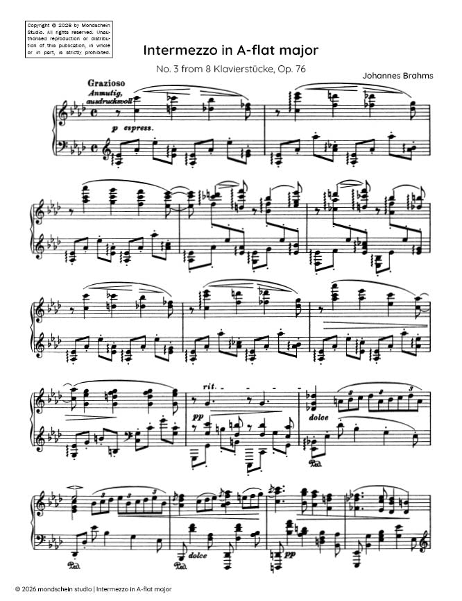 Brahms - Intermezzo in A-flat major, No. 3 from 8 Klavierstucke, Op. 76 - Mondschein Studio - Piano (Digital Download)