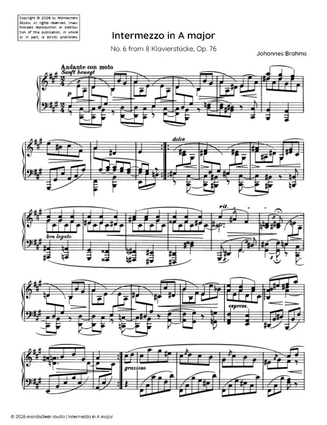 Brahms - Intermezzo in A major, No. 6 from 8 Klavierstucke, Op. 76 - Mondschein Studio - Piano (Digital Download)