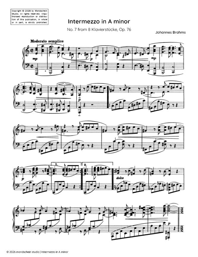Brahms - Intermezzo in A minor, No. 7 from 8 Klavierstucke, Op. 76 - Mondschein Studio - Piano (Digital Download)