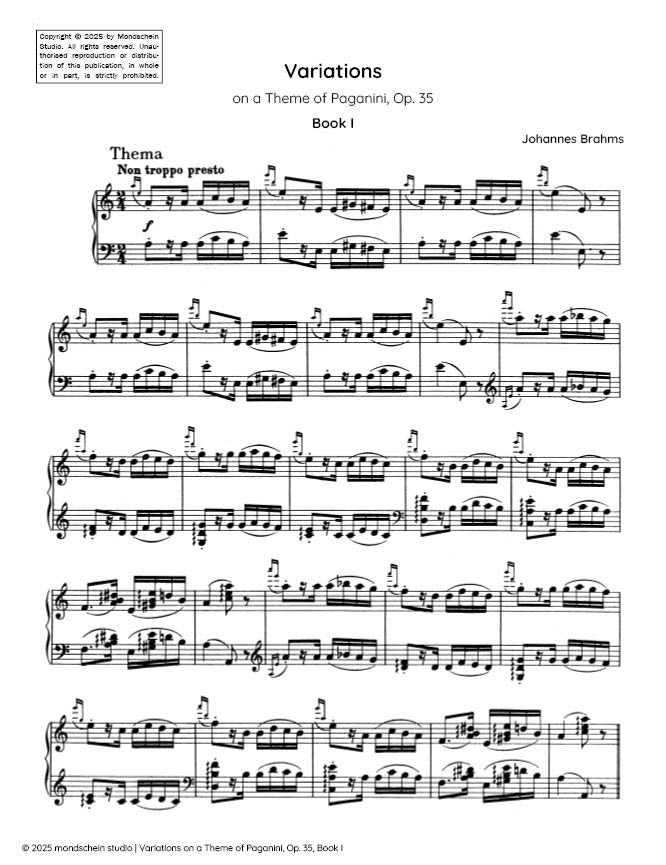 Brahms - Variations on a Theme of Paganini, Op. 35, Book I - Mondschein Studio - Piano (Digital Download)