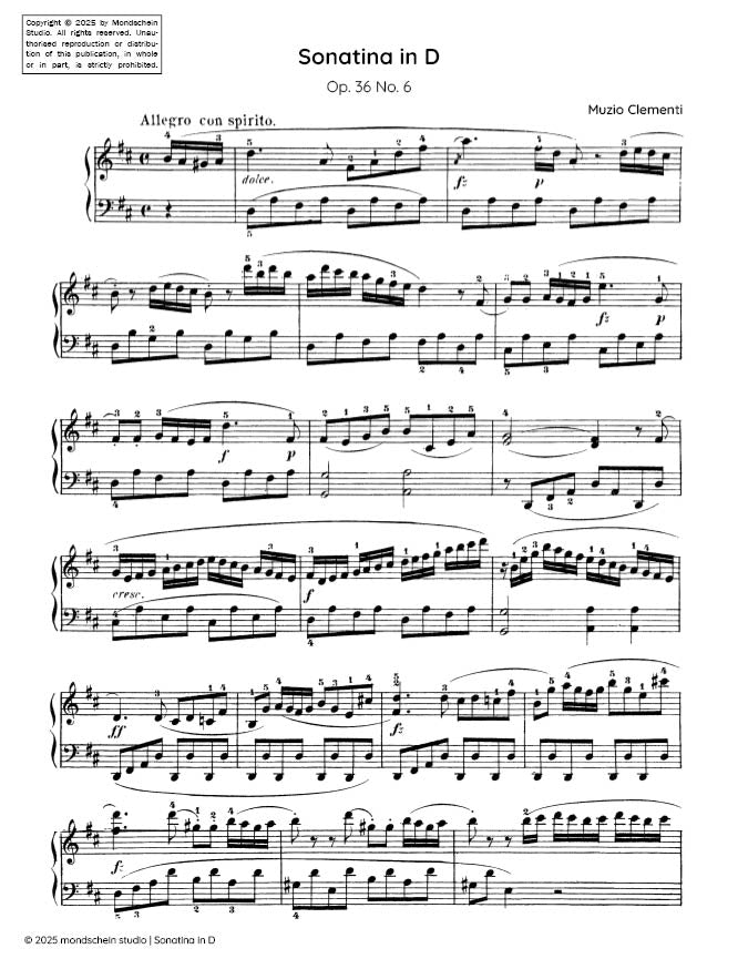 Clementi - Sonatina in D major, Op. 36 No. 6 - Mondschein Studio - Piano (Digital Download)