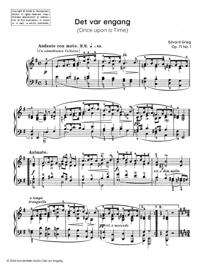 Grieg - Det var engang (Once upon a Time), Op. 71 No. 1 - Mondschein Studio - Piano (Digital Download)