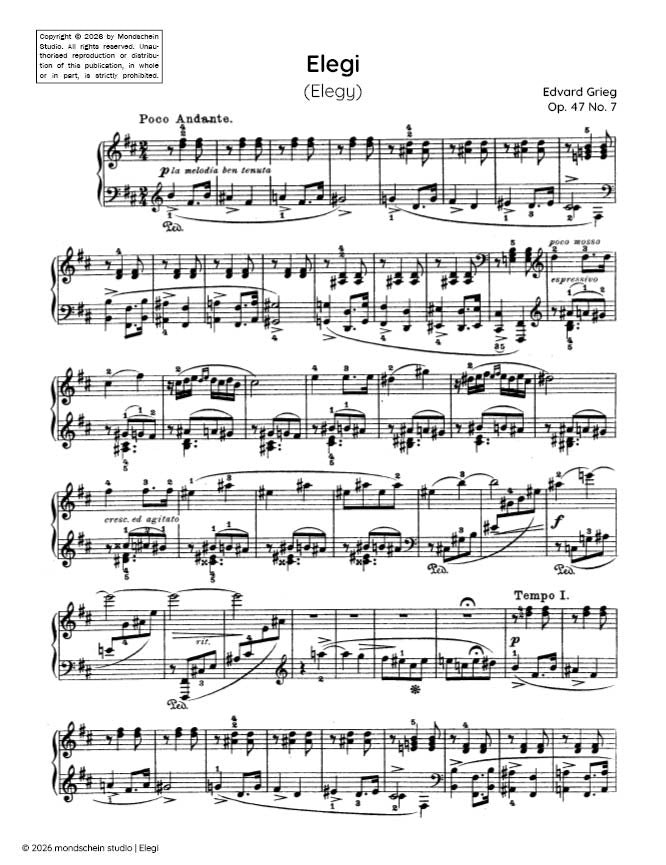 Grieg - Elegi (Elegy), Op. 47 No. 7 - Piano (Digital Download)