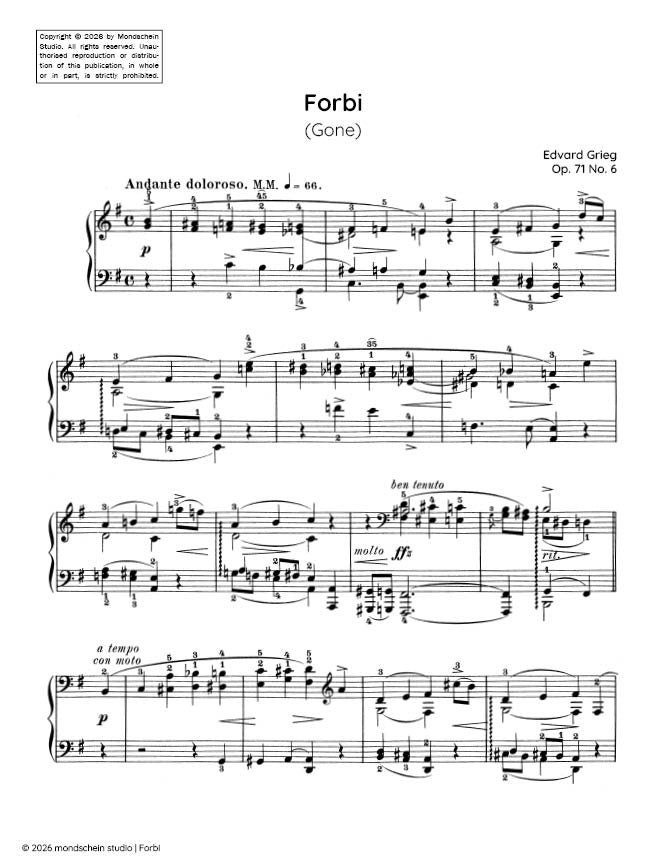 Grieg - Forbi (Gone), Op. 71 No. 6 - Mondschein Studio - Piano (Digital Download)