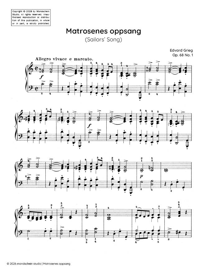 Grieg - Matrosenes oppsang (Sailors' Song), Op. 68 No. 1 - Piano (Digital Download)