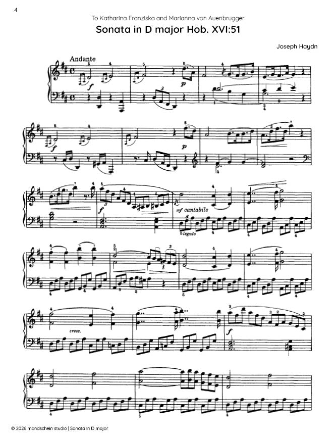 Haydn - Sonata in D major, Hob. XVI:51 - Mondschein Studio - Piano (Digital Download)