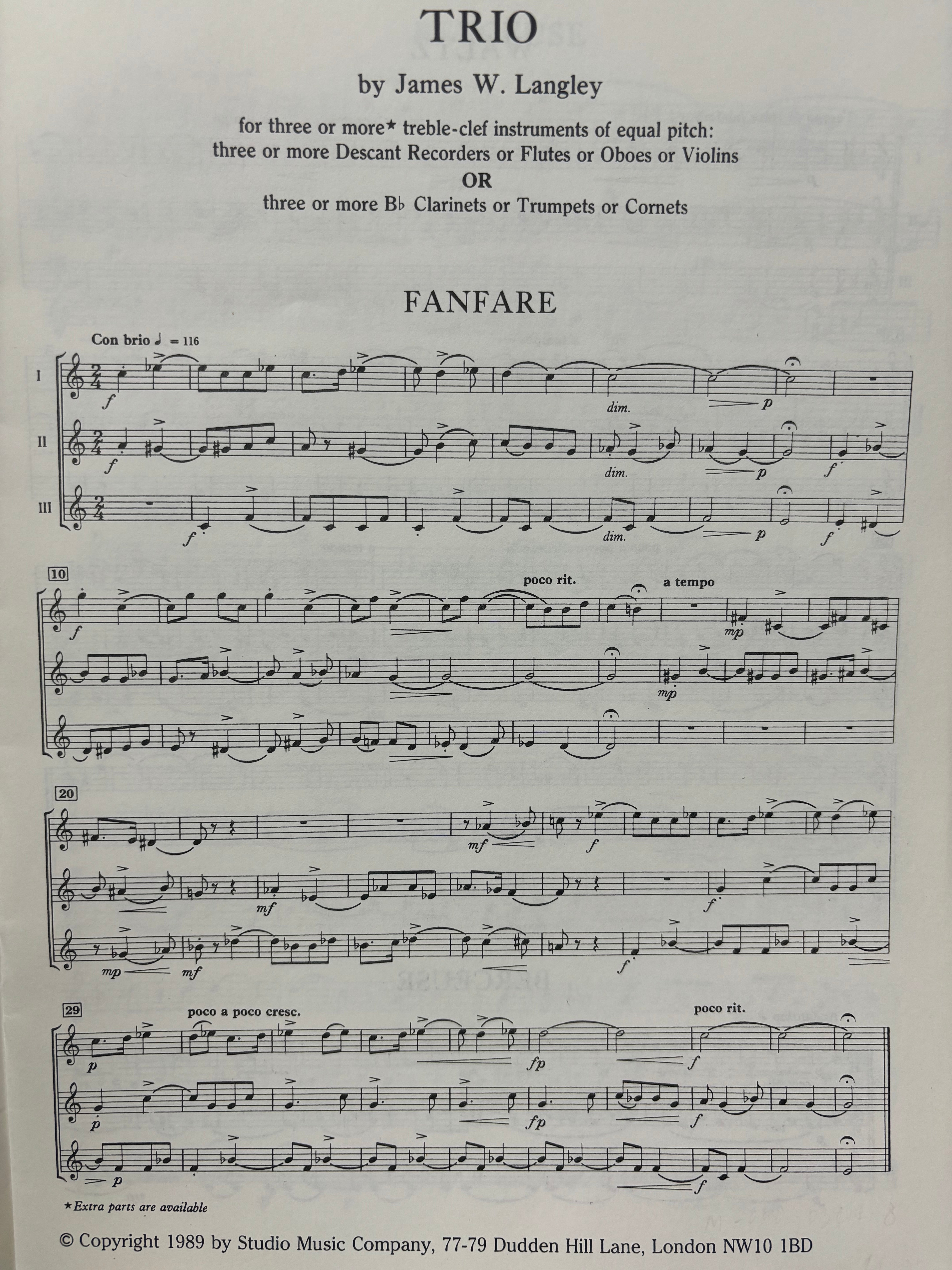 TRIO FOR 3 OR MORE EQUAL TREBLE CLEF INSTRUMENT - LANGLEY - FLUTE - STUDIO MUSIC M-050-03414-8