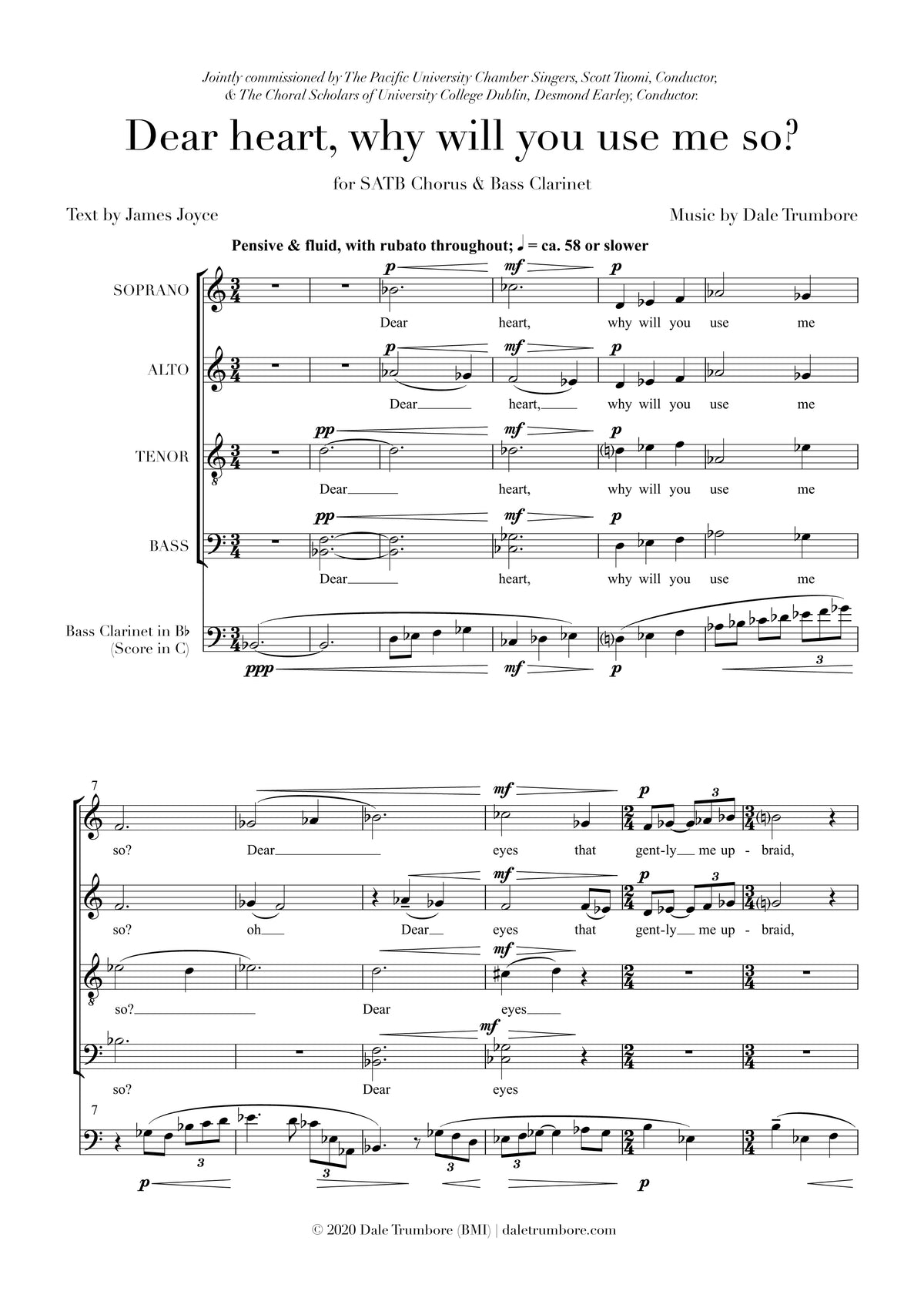 Dear heart, why will you use me so - SATB Choir with Optional Bass Clarinet or Cello (Digital Download)