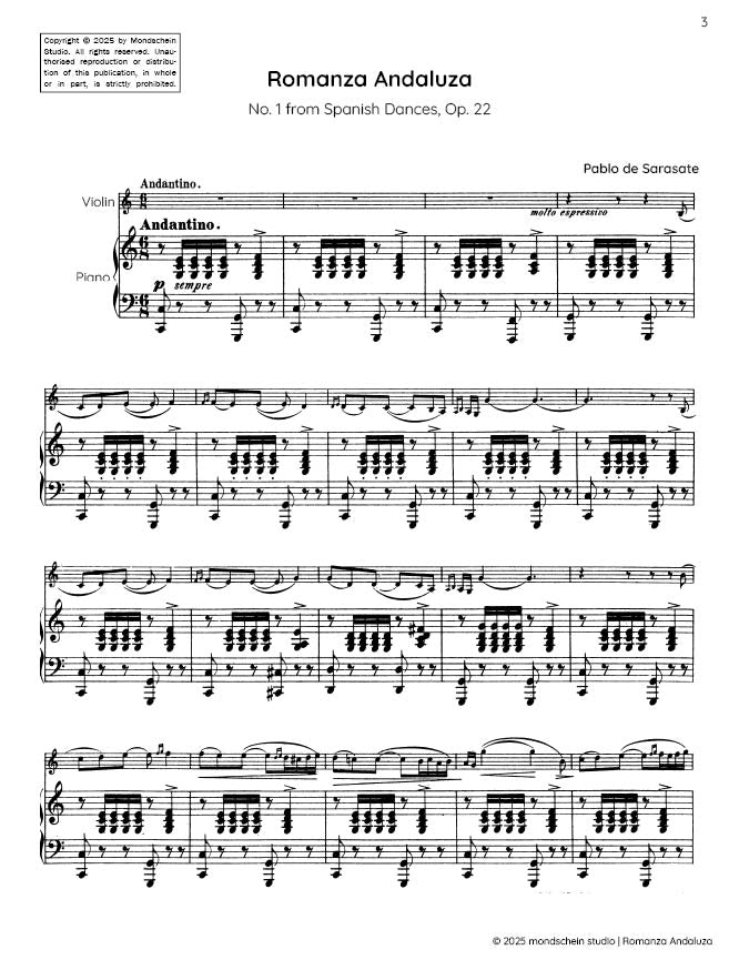 Sarasate - Romanza Andaluza for Violin and Piano from Spanish Dances, Op. 22 - Mondschein Studio - Violin/Piano Accompaniment (Digital Download)