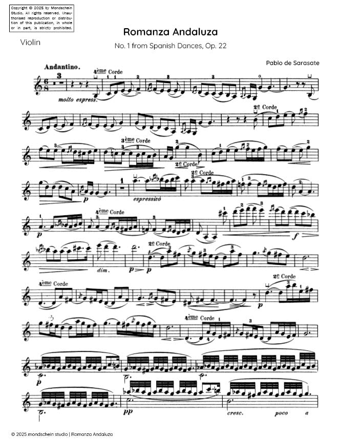 Sarasate - Romanza Andaluza for Violin and Piano from Spanish Dances, Op. 22 - Mondschein Studio - Violin/Piano Accompaniment (Digital Download)