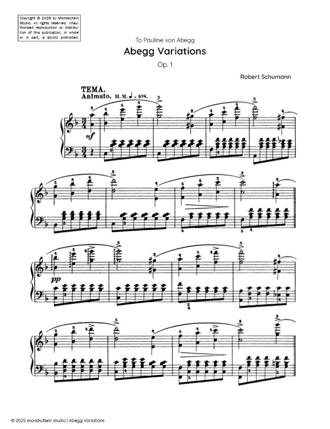 Schumann - Abegg Variations, Op. 1 - Mondschein Studio - Piano (Digital Download)