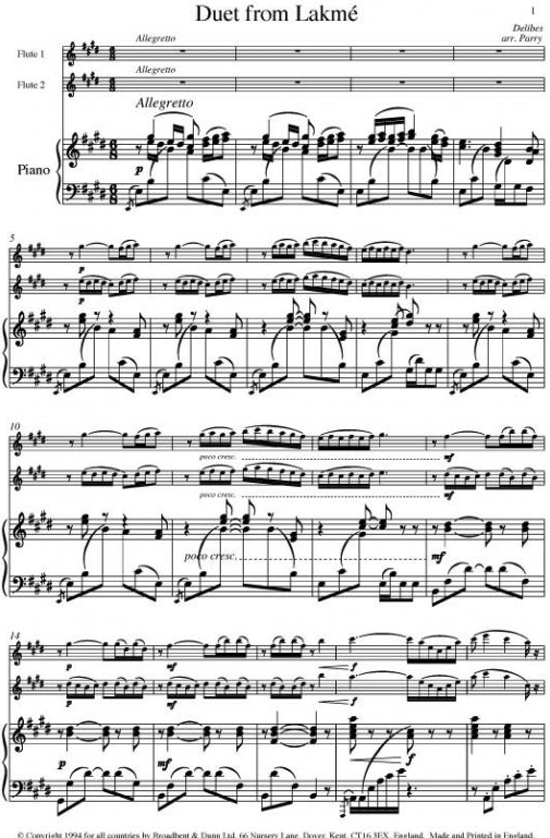 Delibes - Flower Duet (Lakme) - 2 Flutes/Piano Accompaniment arranged by Parry Broadbent & Dunn BD10303
